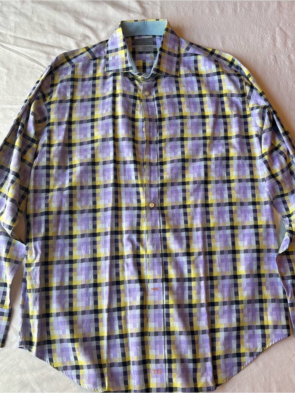 Thomas Dean Lavender and Yellow Plaid Dress Shirt, Flip Cuffs, 100% cotton